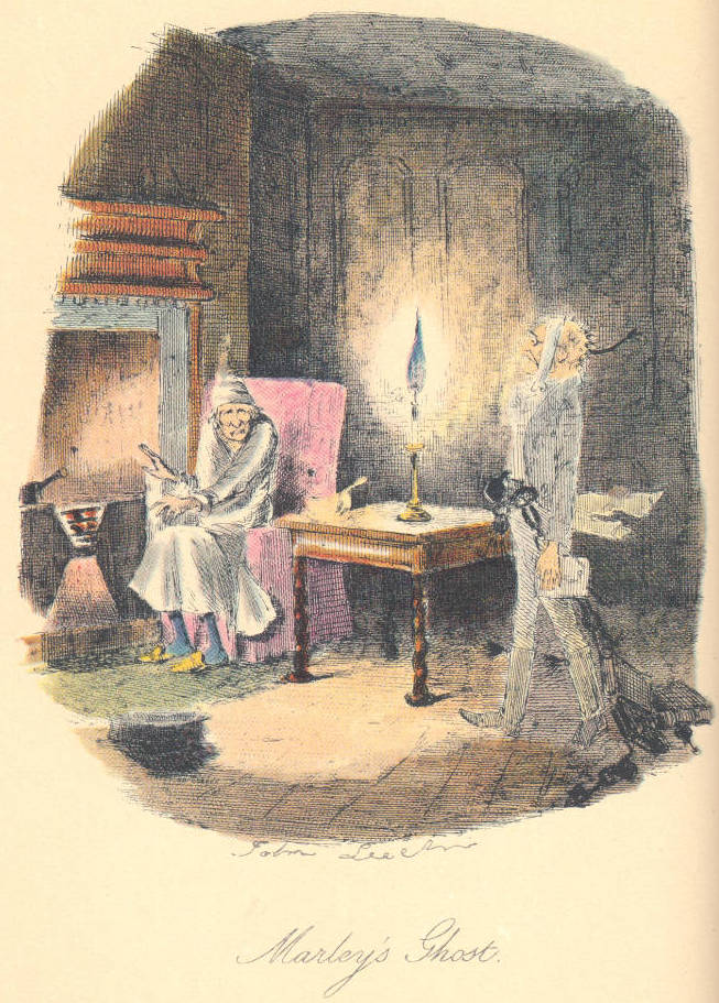 John Leech's original illustration of Ebenezer Scrooge being visited by the ghost of Jacob Marley in A Christmas Carol
